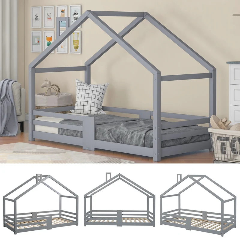 Lit enfant lit cabane avec cheminée sommier à lattes robuste lit cabane en bois de pin gris, 90 x 200 cm sans matelas STRONS