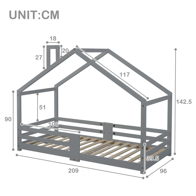 Lit enfant lit cabane avec cheminée sommier à lattes robuste lit cabane en bois de pin gris, 90 x 200 cm sans matelas STRONS