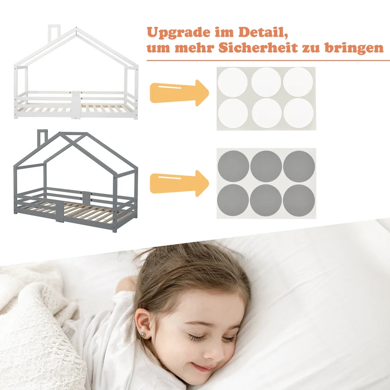 Lit enfant lit cabane avec cheminée sommier à lattes robuste lit cabane en bois de pin gris, 90 x 200 cm sans matelas STRONS