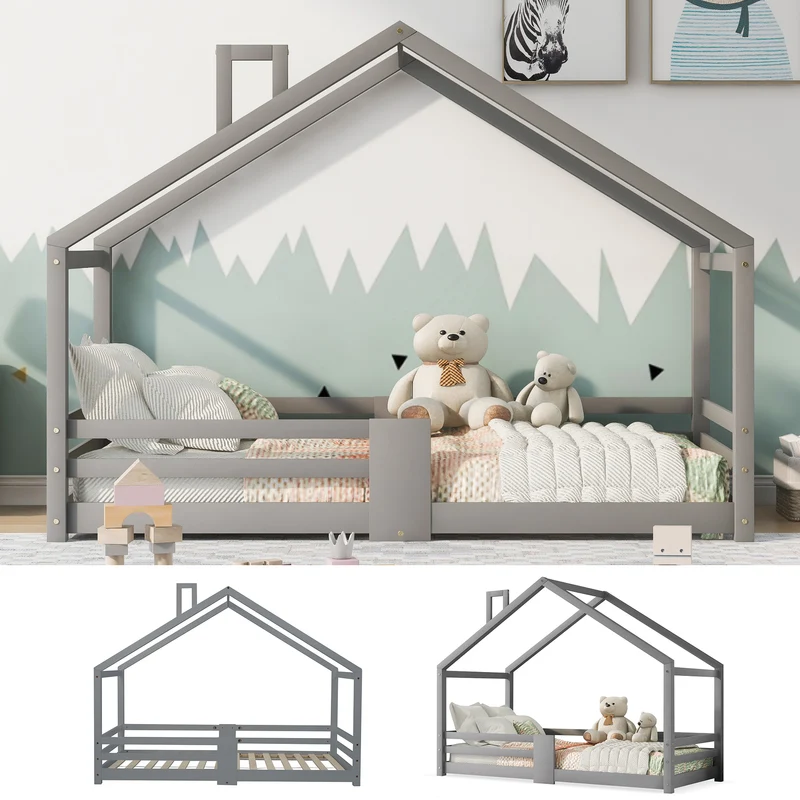 Lit enfant lit cabane avec cheminée sommier à lattes robuste lit cabane en bois de pin gris, 90 x 200 cm sans matelas STRONS