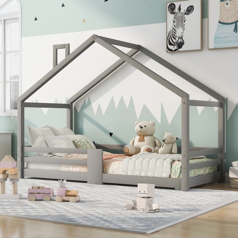 Lit enfant lit cabane avec cheminée sommier à lattes robuste lit cabane en bois de pin gris, 90 x 200 cm sans matelas STRONS