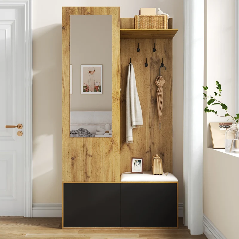 Vestiaire à l'entrée avec miroir, banc, porte-chaussures, 5 crochets 191x100x38cm ALIGNLX