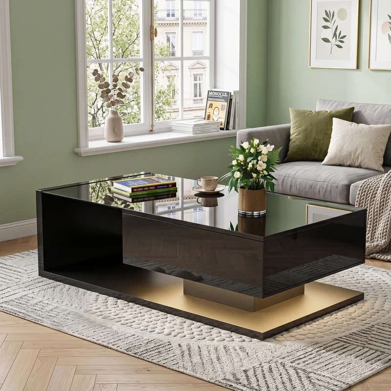 Table basse noire brillante en verre et LED, rangement intégré 105x55 cm MODERNSCREENHOME