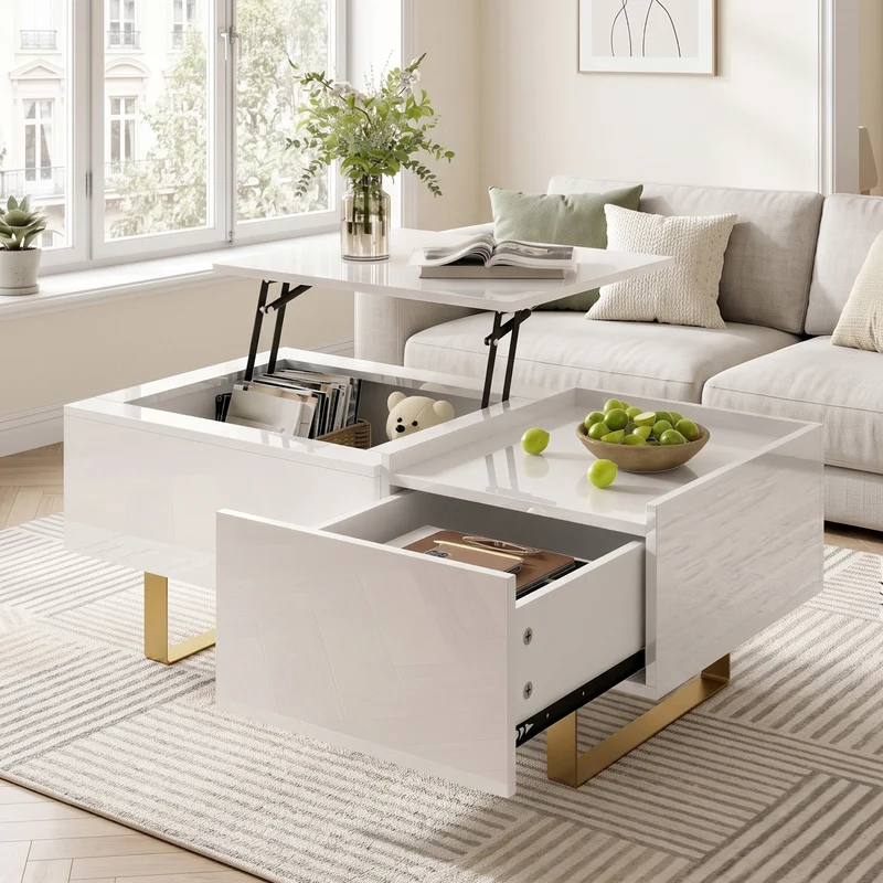 Table basse relevable blanc brillant réglable avec rangement, tiroir et pieds dorés 100x50cm MODERNFLOORSET