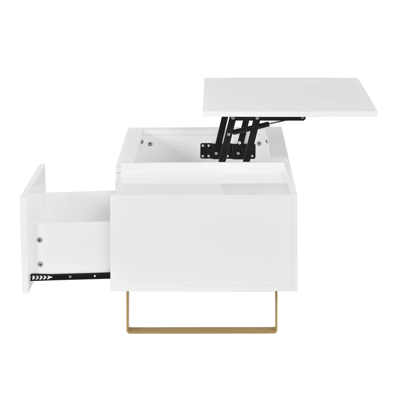 Table basse relevable blanc brillant réglable avec rangement, tiroir et pieds dorés 100x50cm MODERNFLOORSET