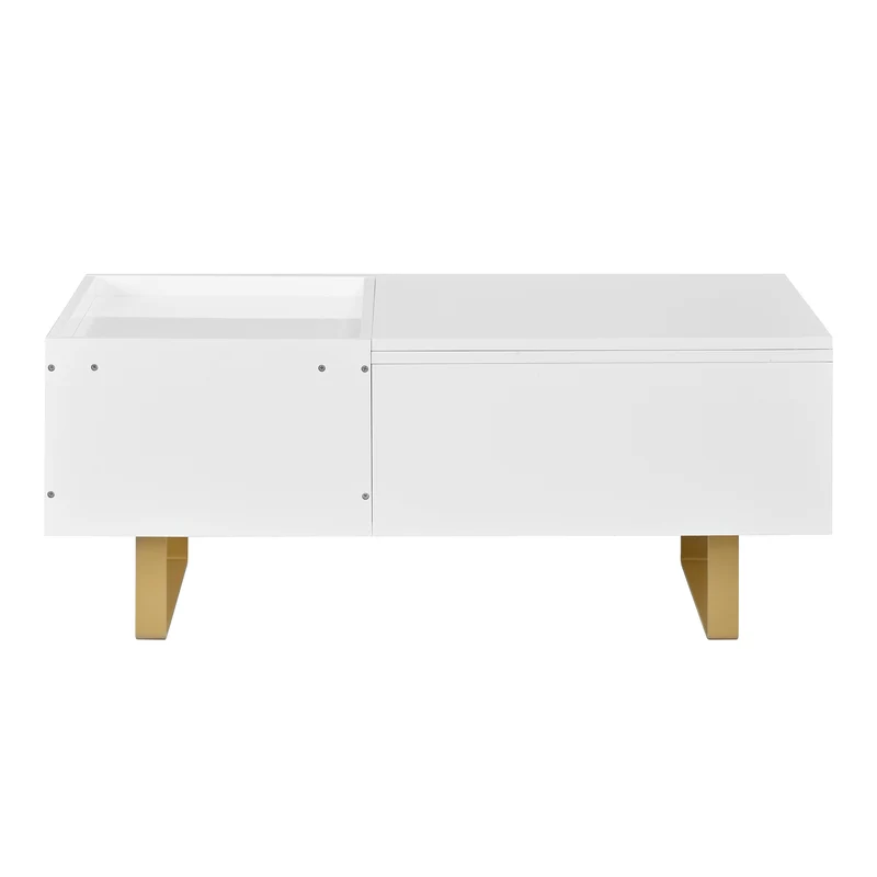 Table basse relevable blanc brillant réglable avec rangement, tiroir et pieds dorés 100x50cm MODERNFLOORSET