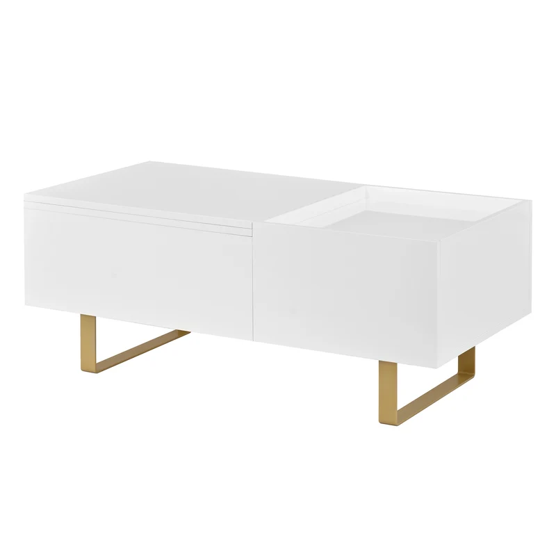 Table basse relevable blanc brillant réglable avec rangement, tiroir et pieds dorés 100x50cm MODERNFLOORSET