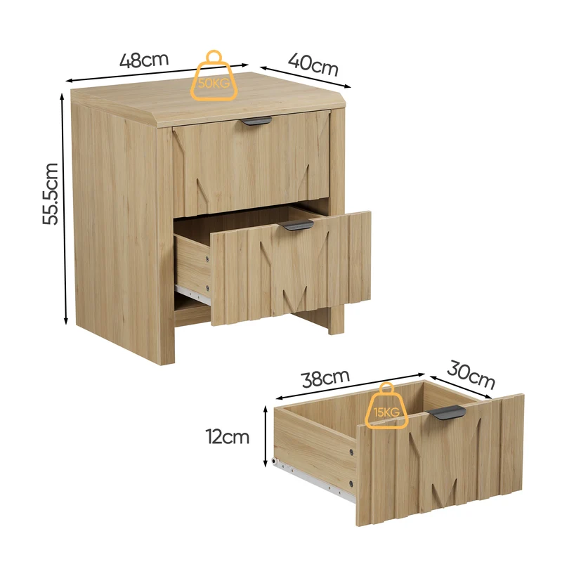 Table de chevet effet chêne 2 tiroirs 48x40x55,5cm, 1 pièce MODERNCONTAINERHOME