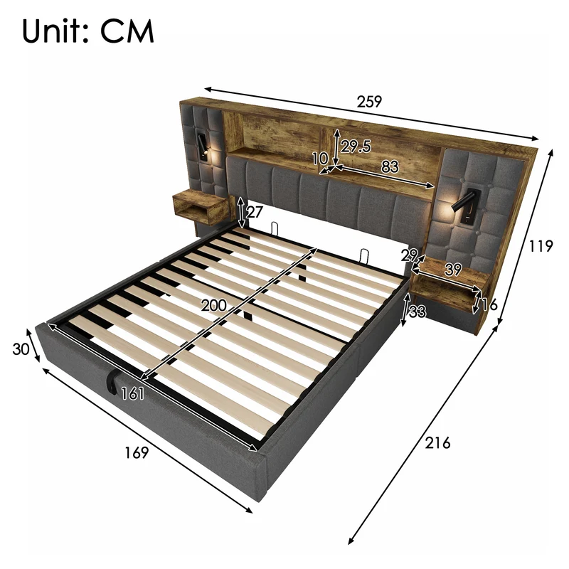 Lit coffre king en lin gris avec tables de chevet suspendues, lampes de lecture et ports USB (160x200cm) MINIMALISTORGANIZERH