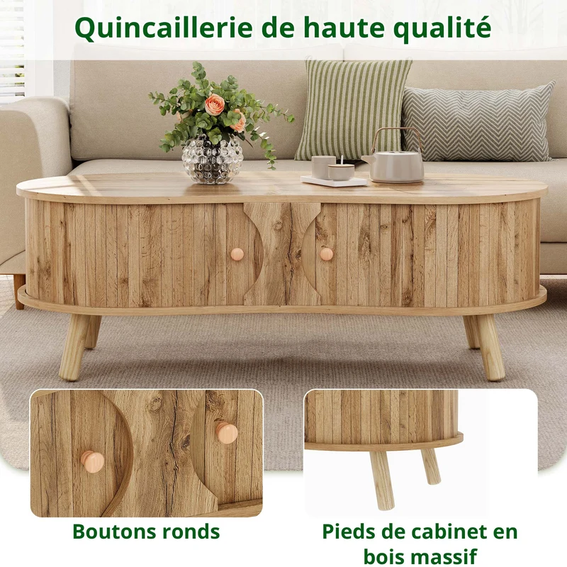 Table basse effet bois naturel design latte 2 portes coulissantes ADJUSTARMOIRE