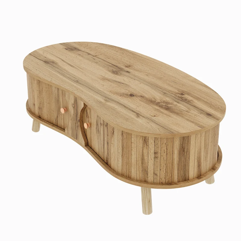 Table basse effet bois naturel design latte 2 portes coulissantes ADJUSTARMOIRE