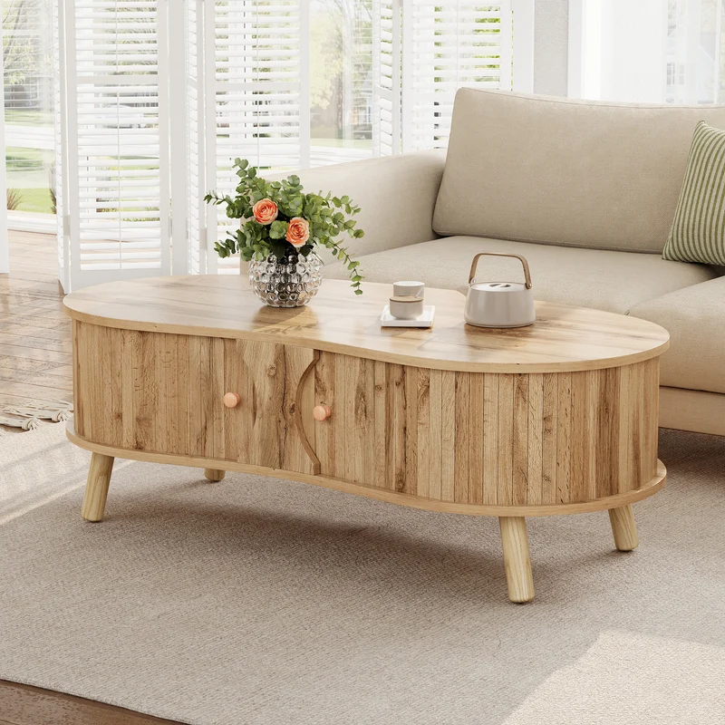 Table basse effet bois naturel design latte 2 portes coulissantes ADJUSTARMOIRE