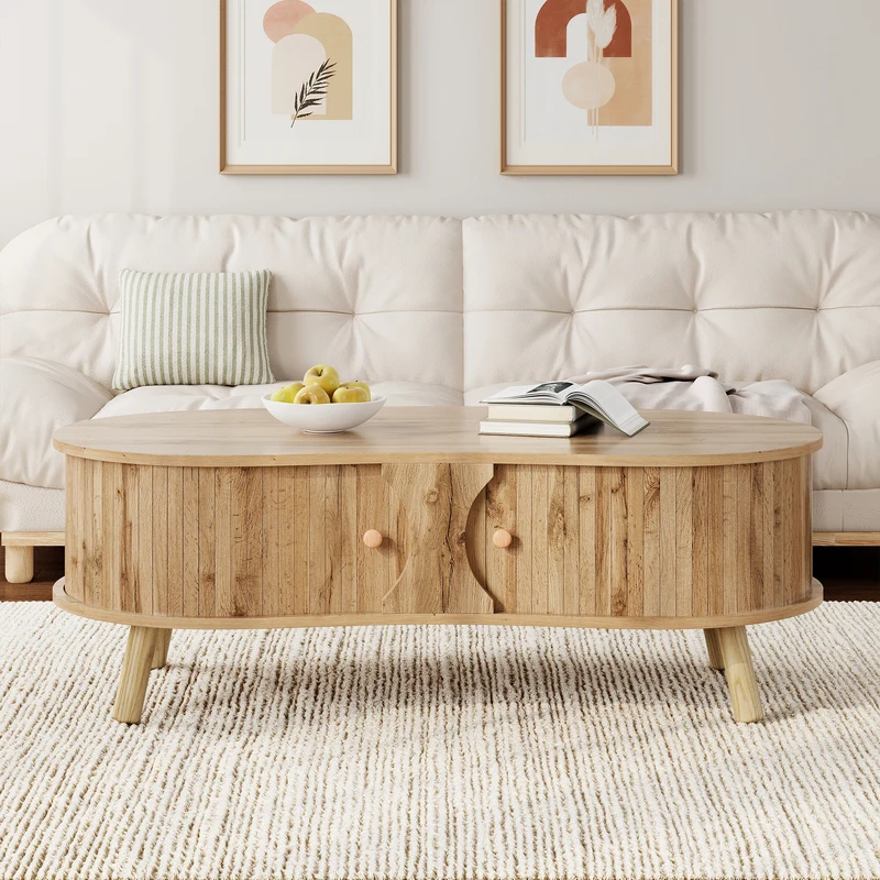 Table basse effet bois naturel design latte 2 portes coulissantes ADJUSTARMOIRE