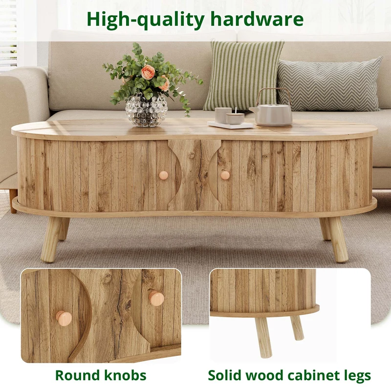 Table basse effet bois naturel design latte 2 portes coulissantes ADJUSTARMOIRE