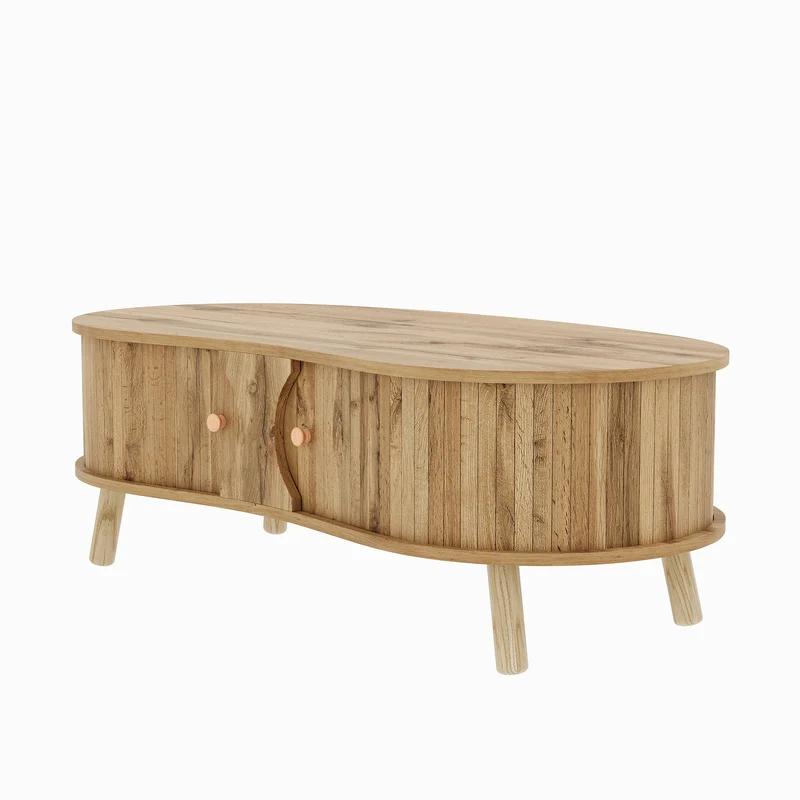 Table basse effet bois naturel design latte 2 portes coulissantes ADJUSTARMOIRE