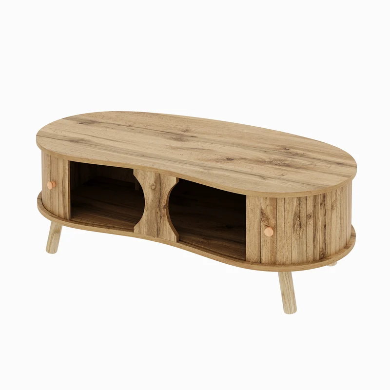 Table basse effet bois naturel design latte 2 portes coulissantes ADJUSTARMOIRE