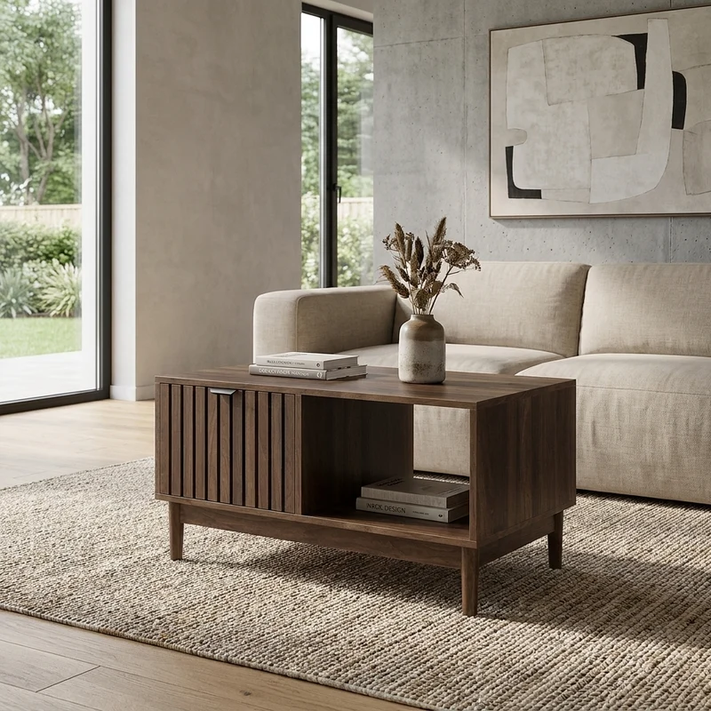 Table basse effet noyer design latte 1 tiroir et niche ouvertes 80x50x45cm ADJUSTWICKERELITE