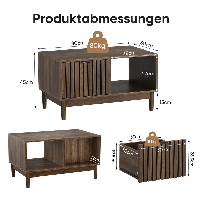 Table basse effet noyer design latte 1 tiroir et niche ouvertes 80x50x45cm ADJUSTWICKERELITE