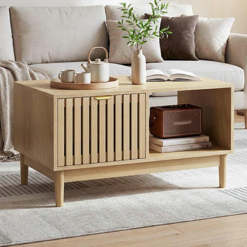 Table basse effet chêne avec tiroir 80cm ADJUSTVASE