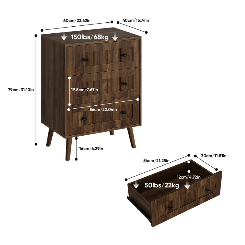 Commode 3 tiroirs effet bois noyer 60x40x78cm ADJUSTTRUNK