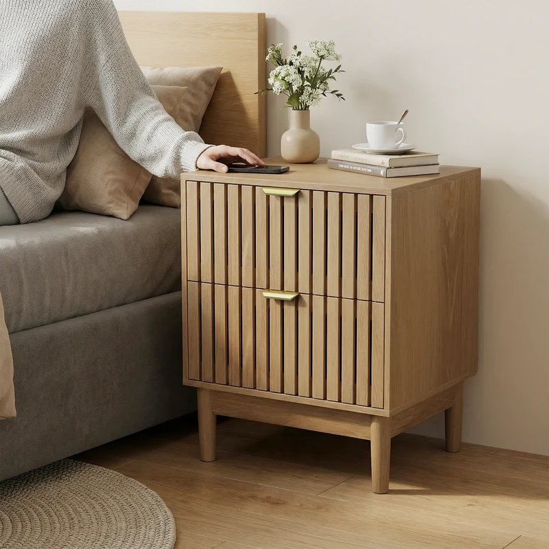 Table de chevet design latte effet chêne 2 tiroirs ALUMINUMARMOIRE