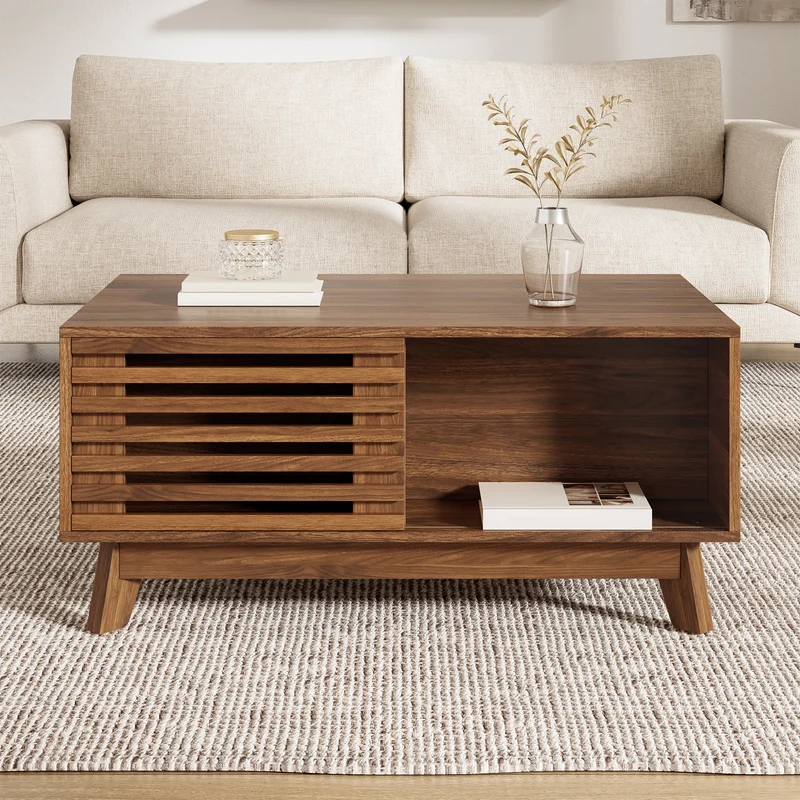 Table basse revelable réglable en hauteur effet noyer 90x55x57,5 cm ADJUSTCHEST