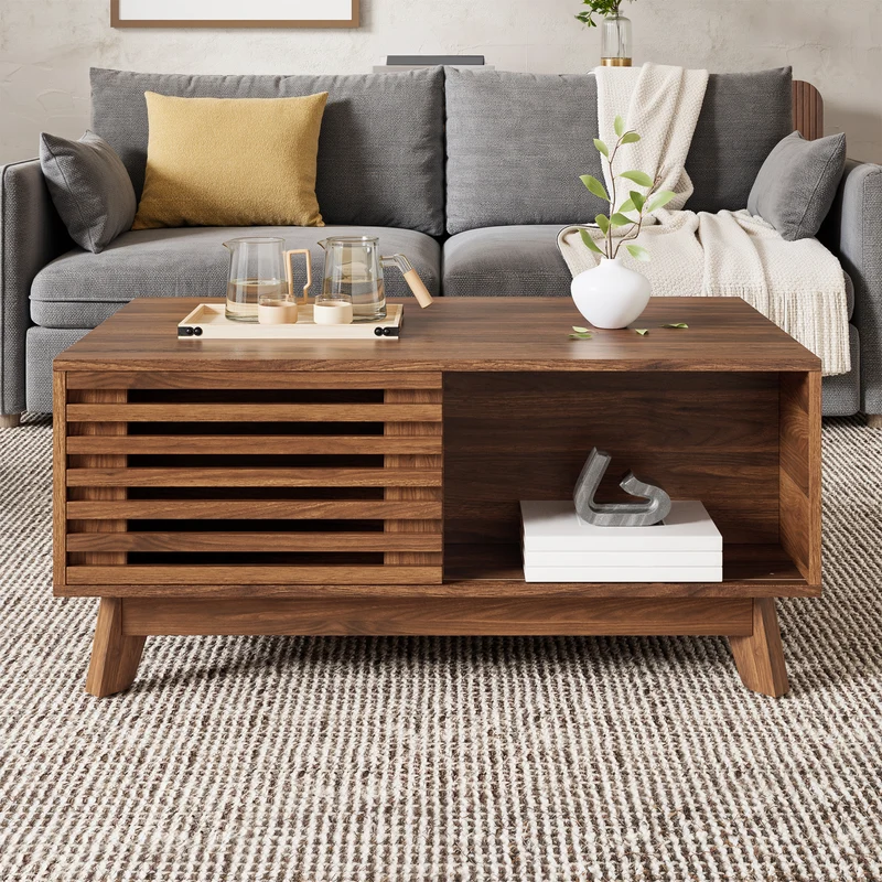 Table basse revelable réglable en hauteur effet noyer 90x55x57,5 cm ADJUSTCHEST