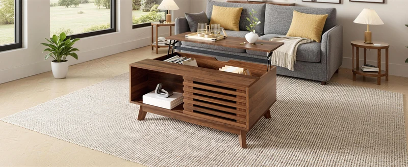 Table basse revelable réglable en hauteur effet noyer 90x55x57,5 cm ADJUSTCHEST
