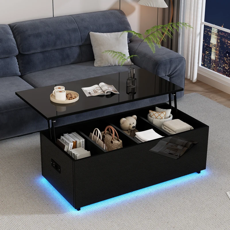 Table basse relevable noire brillante avec éclairage LED 100*50*35 cm OKRUITS BLACK