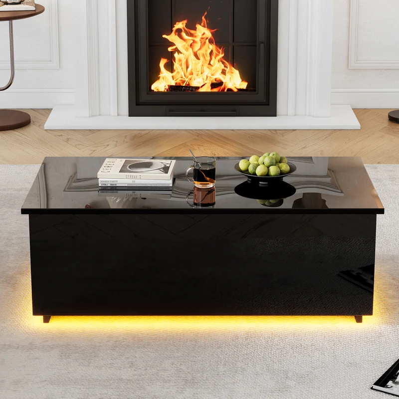 Table basse relevable noire brillante avec éclairage LED 100*50*35 cm OKRUITS BLACK