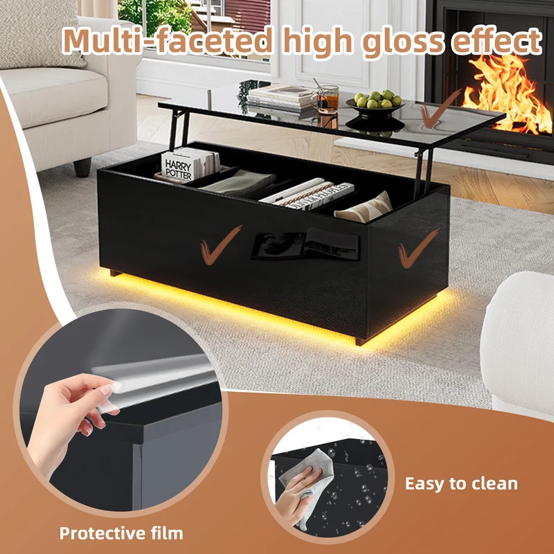 Table basse relevable noire brillante avec éclairage LED 100*50*35 cm OKRUITS BLACK