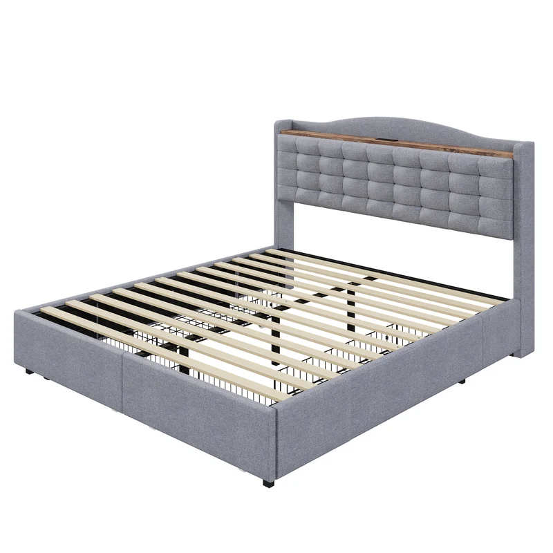 Lit double lin gris rembourré 4 tiroirs avec 2 prises USB (140*200 cm) EMPHUT LIGHT GREY DOUBLE