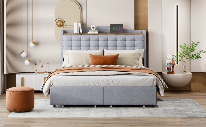 Lit double lin gris rembourré 4 tiroirs avec 2 prises USB (140*200 cm) EMPHUT LIGHT GREY DOUBLE
