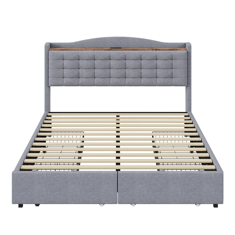 Lit double lin gris rembourré 4 tiroirs avec 2 prises USB (140*200 cm) EMPHUT LIGHT GREY DOUBLE