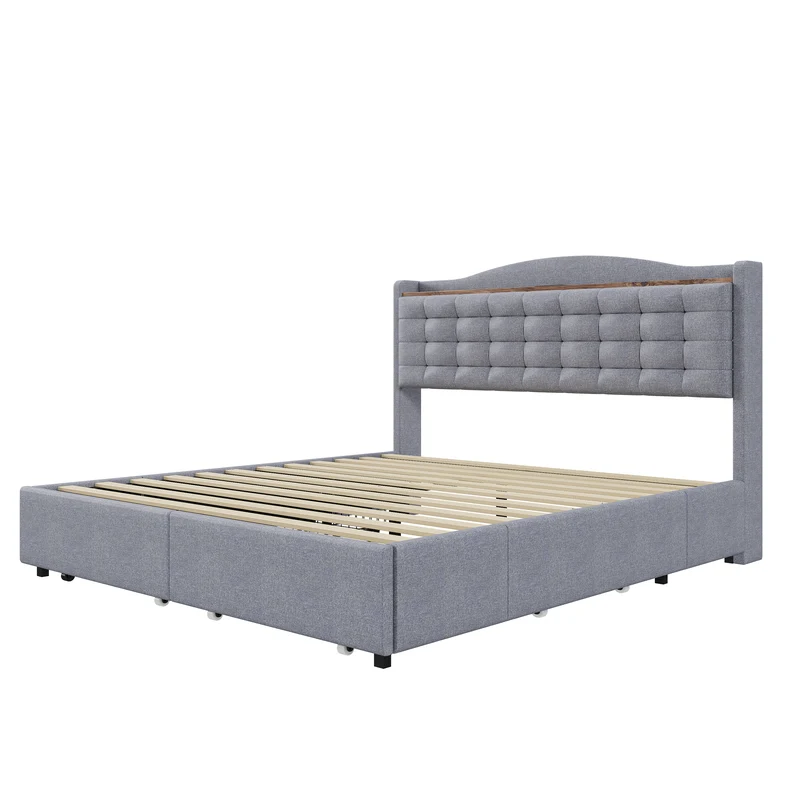 Lit double lin gris rembourré 4 tiroirs avec 2 prises USB (140*200 cm) EMPHUT LIGHT GREY DOUBLE