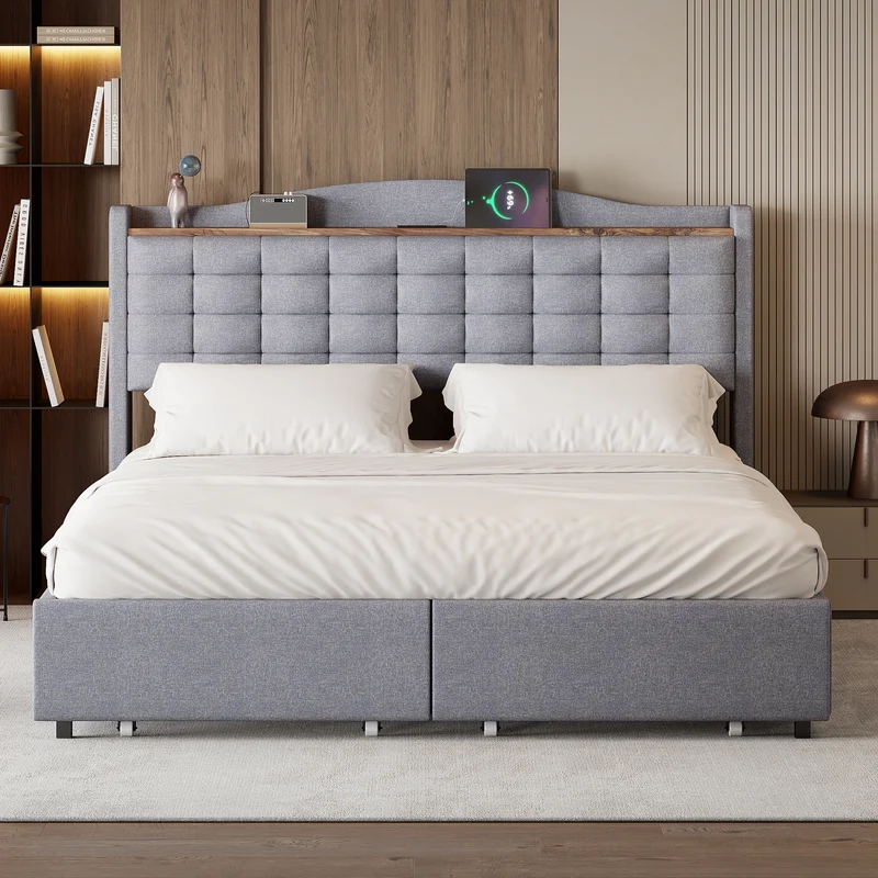 Lit king lin gris clair rembourré 4 tiroirs avec 2 prises USB (160*200 cm) EMPHUT LIGHT GREY KING