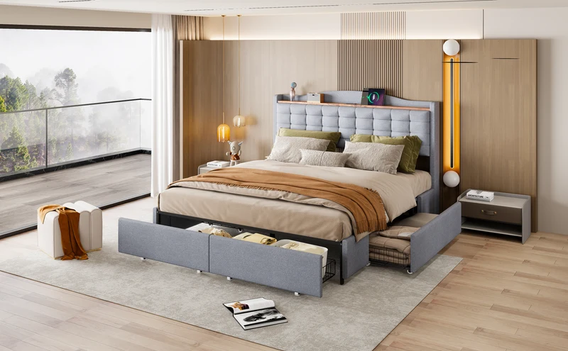 Lit king lin gris clair rembourré 4 tiroirs avec 2 prises USB (160*200 cm) EMPHUT LIGHT GREY KING