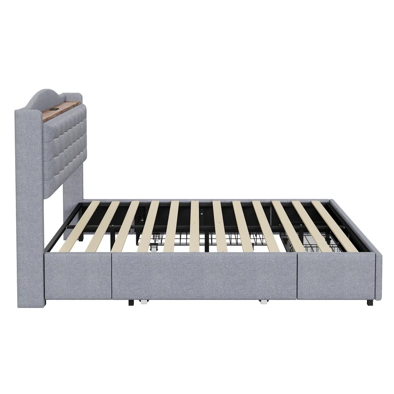Lit king lin gris clair rembourré 4 tiroirs avec 2 prises USB (160*200 cm) EMPHUT LIGHT GREY KING