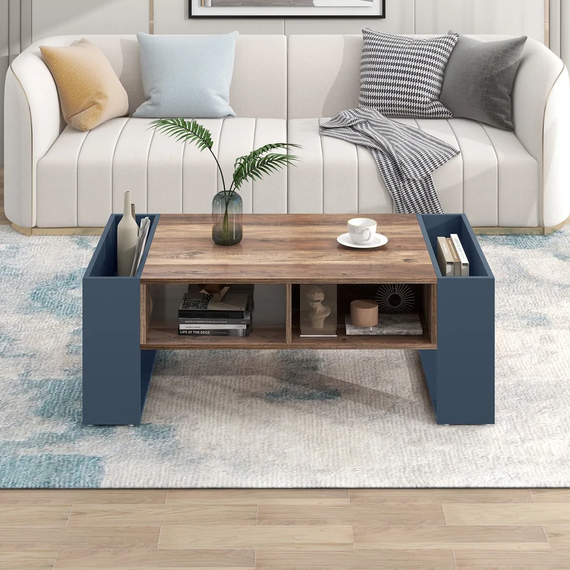 Table basse effet bois 1 tiroir niche ouvert et rangement des 2 côtés anthracite XUGZOIRS