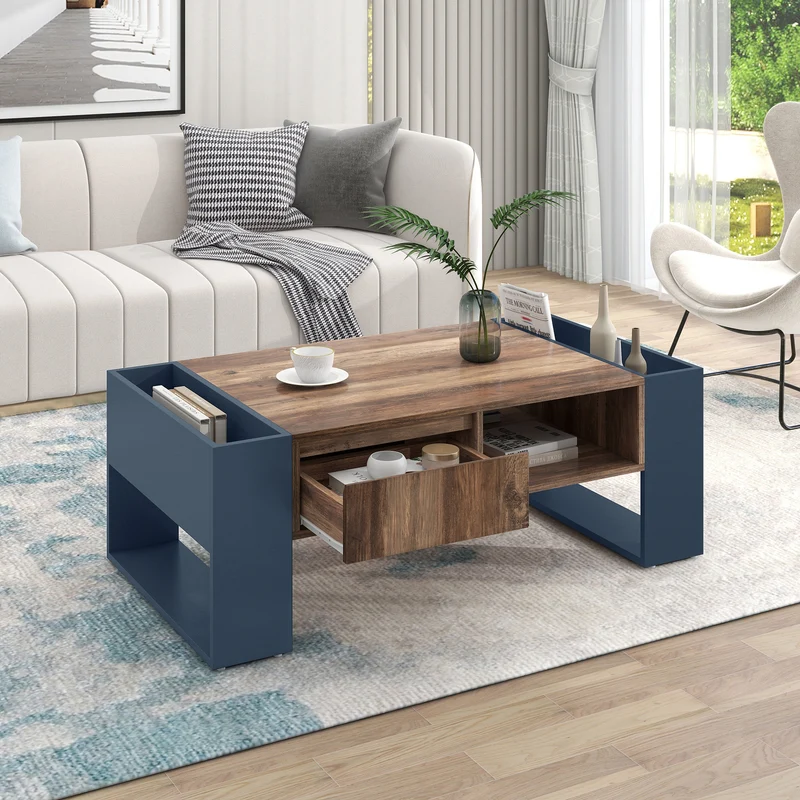 Table basse effet bois 1 tiroir niche ouvert et rangement des 2 côtés anthracite XUGZOIRS