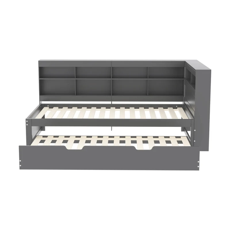 Lit gigogne bois massif gris 90*200 avec prise USB et multiples rangements GIRCAET