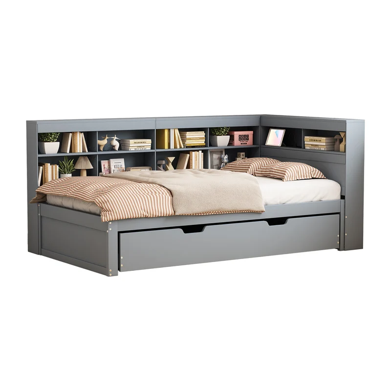 Lit gigogne bois massif gris 90*200 avec prise USB et multiples rangements GIRCAET