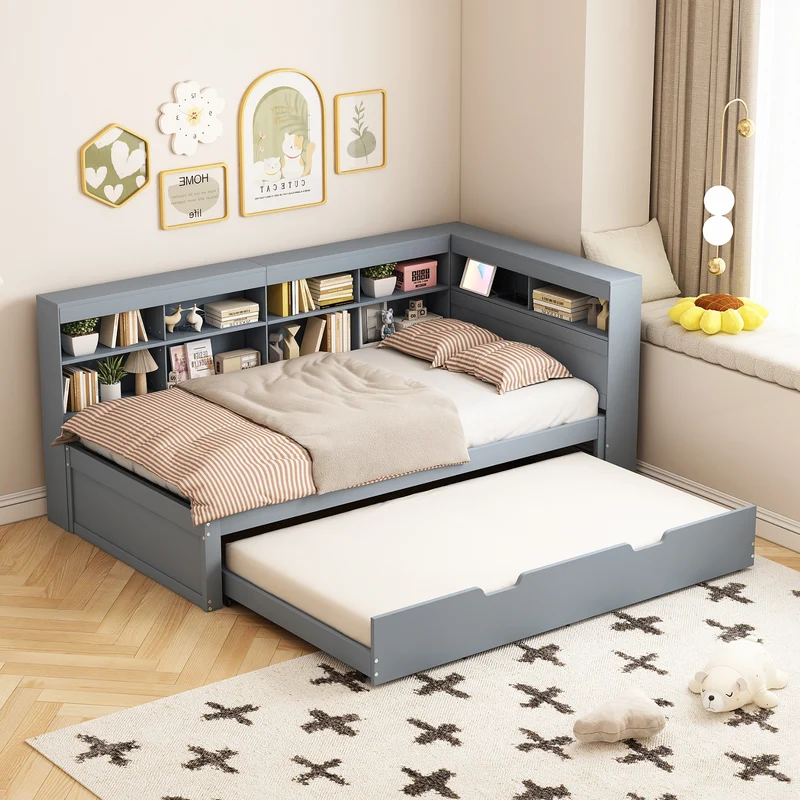 Lit gigogne bois massif gris 90*200 avec prise USB et multiples rangements GIRCAET