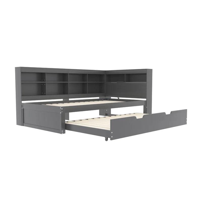 Lit gigogne bois massif gris 90*200 avec prise USB et multiples rangements GIRCAET