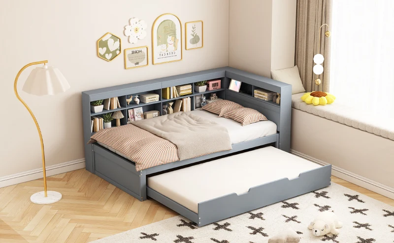 Lit gigogne bois massif gris 90*200 avec prise USB et multiples rangements GIRCAET
