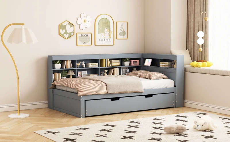 Lit gigogne bois massif gris 90*200 avec prise USB et multiples rangements GIRCAET