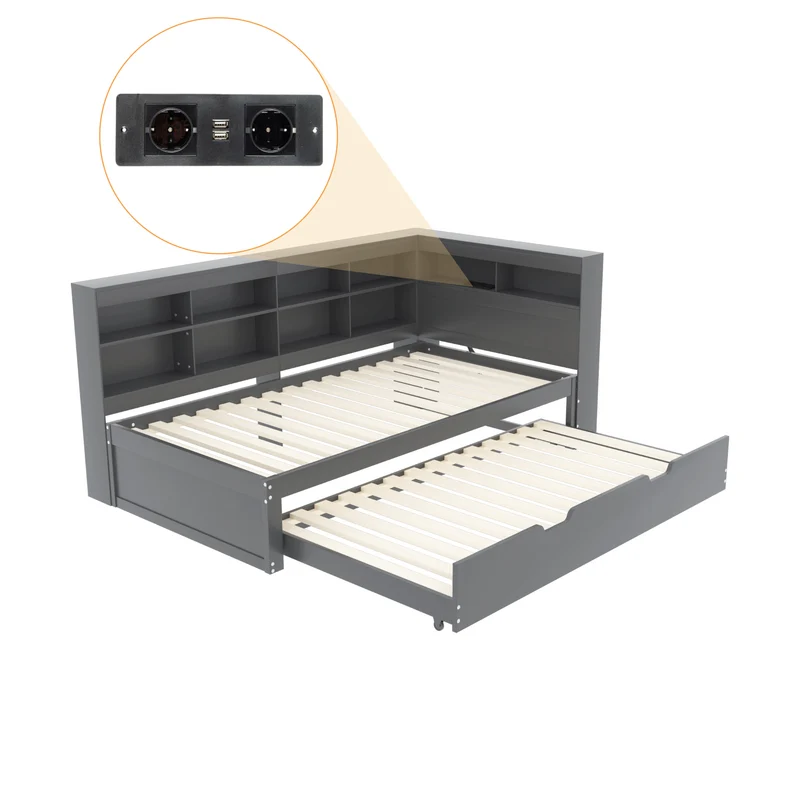 Lit gigogne bois massif gris 90*200 avec prise USB et multiples rangements GIRCAET