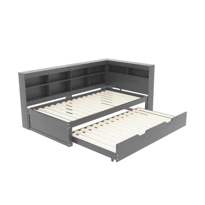 Lit gigogne bois massif gris 90*200 avec prise USB et multiples rangements GIRCAET