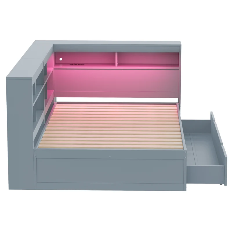 Ensemble lit double et étagère en bois massif gris 140*200cm, avec tiroirs, prise USB et bande lumineuse LED ANDRAD