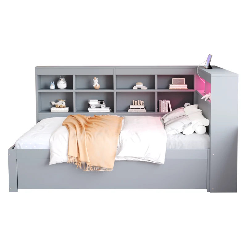 Ensemble lit double et étagère en bois massif gris 140*200cm, avec tiroirs, prise USB et bande lumineuse LED ANDRAD